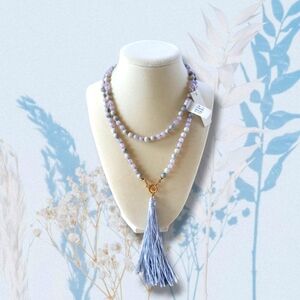 NWT Long Pretty Boho Periwinkle Blue Stone Beaded Tassel Toggle Necklace